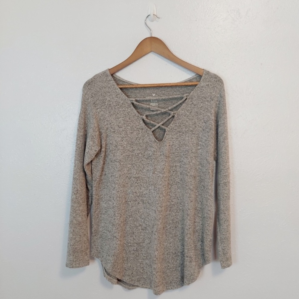American Eagle Soft & Sexy plush light gray criss cross sweater shirt XS